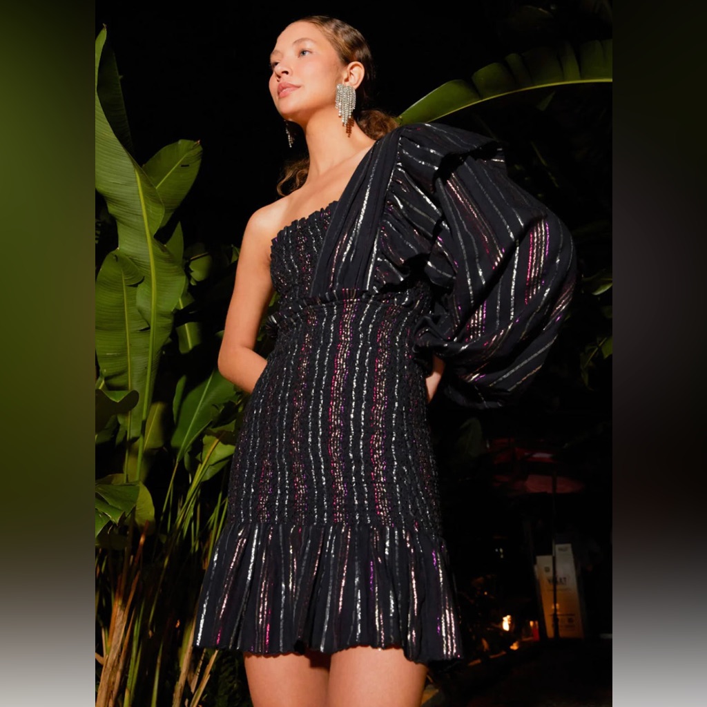Farm Rio Metallic Lurex Stripes Smocked Mini Dress L